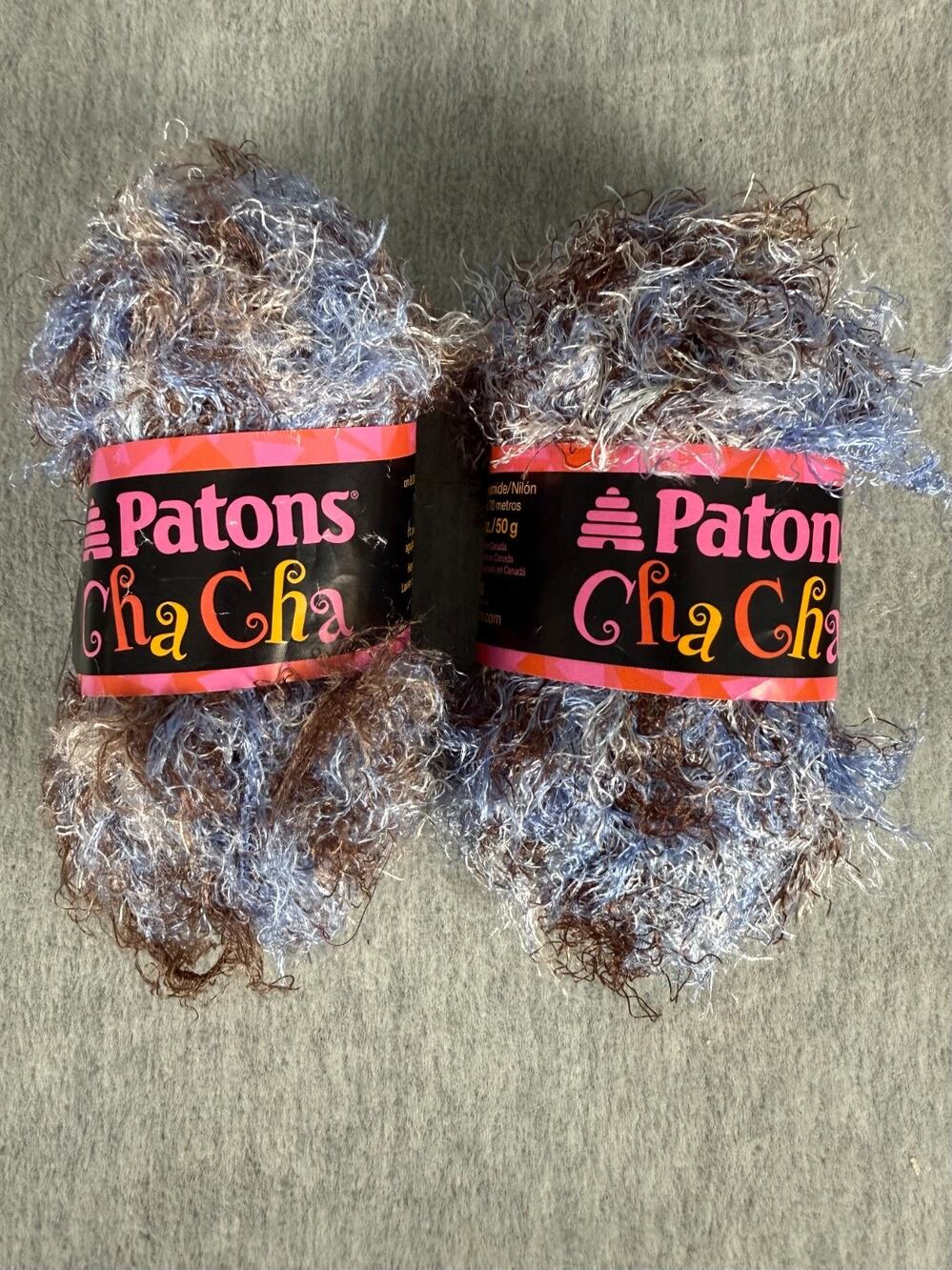 Patons Cha Cha Eyelash Fun Fur Yarn Hippie Blue Brown Lot of 2 x 50 gm Skeins